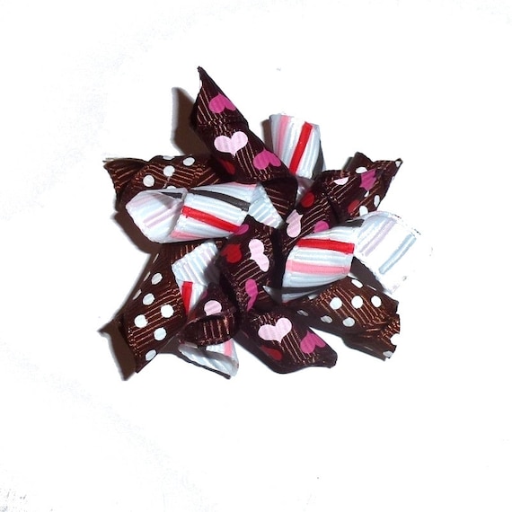 Puppy Bows Chocolate covered Valentine hearts Korker loop  dog bow  pet hair clip barrette or latex bands corky curly corker