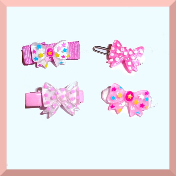 Four tiny tiny pink white bowknot bows on a  plastic barrette  clip pet hair dog bow (fb552)