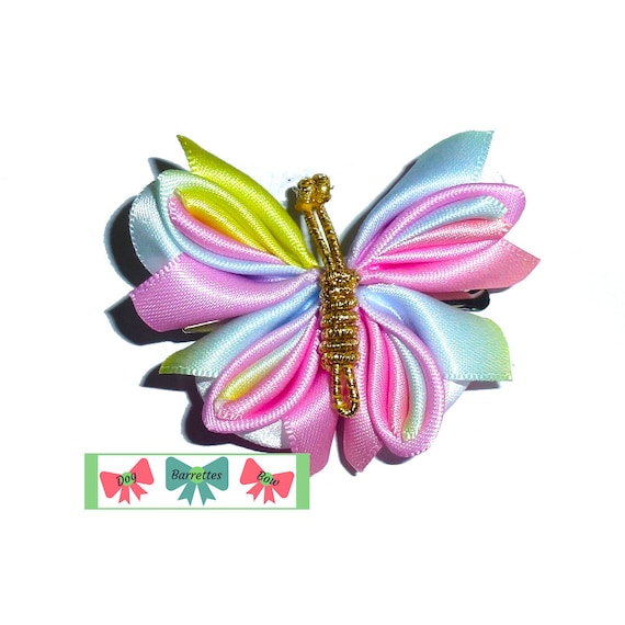 Puppy Dog Bows ~ Pastel rainbow satin kanzashi butterfly pet hair bow barrettes or bands (fb225F)