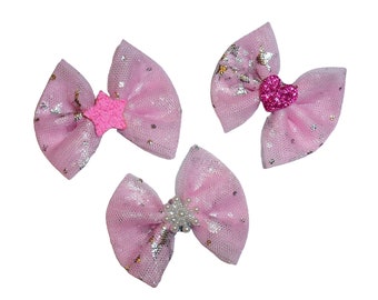 Barrettes pour noeuds en tulle, flocons de neige roses, 3 noeuds de toilettage en poils d'animaux de compagnie (FB396B)