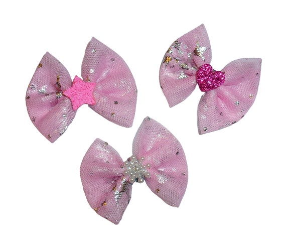 Dog Bow Barrettes tulle pink snowflakes 3pcs pet hair grooming bows (FB396B)