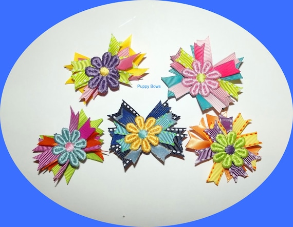 Puppy Bows ~ Colorful daisy spikes dog grooming bow pet hair barrette (fb14)