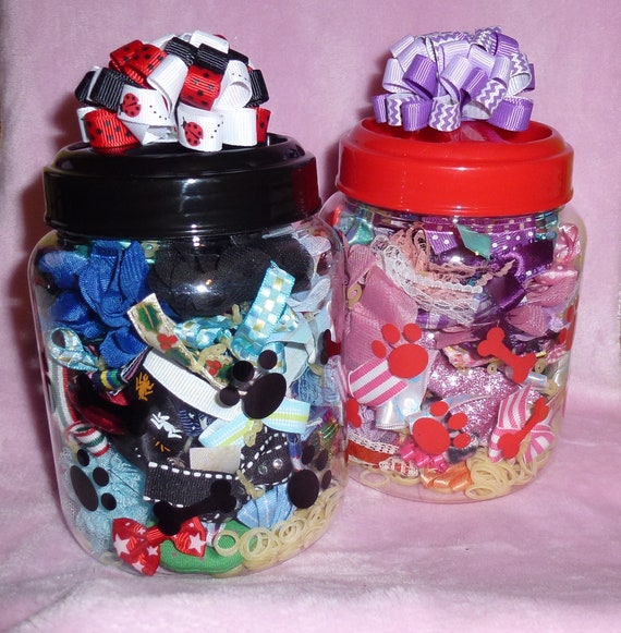 Puppy Dog Bows ~ JAR OF BOWS ~ over 80 pet hair bows for boy or girl includes latex bands
