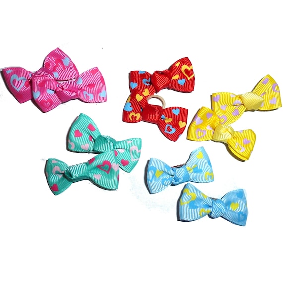 Puppy Bows ~  Valentine's day pigtail pairs multicolor heart dog hair bow with barrette (RC10)