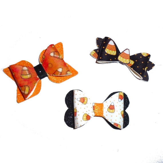 Puppy Dog Bows ~ Halloween candy corn black orange hair bow barrettes or bands (fb322)