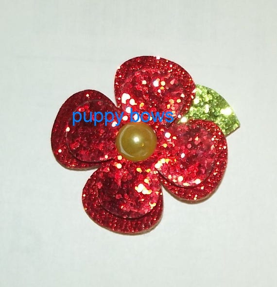 Puppy Bows ~ RED GLITTER daisy flower double layer pet hair bow dog clip ~Usa seller (fb63)