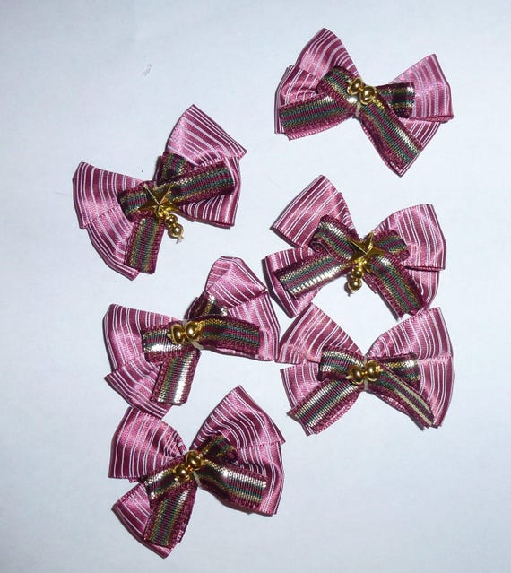 Puppy Bows ~6 burgundy gold stripe EVERYDAY BOWS Yorkie Maltese Shih Tzu ~Usa seller (fb81)