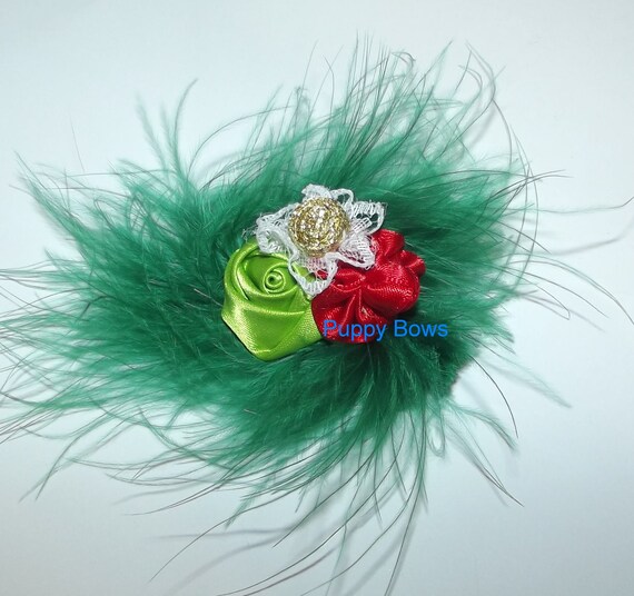 Puppy Bows ~ Christmas green red gold marabou feather dog pet hair bow (fb54)