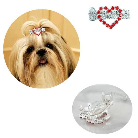 Red rhinestone crystal heart Valentine's day dog pet french barrrette bows clip (fb372)