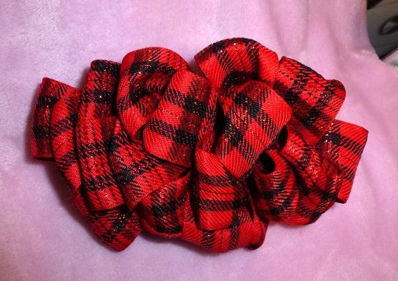 Becky Bows ~ Barrette ribbon Hand crafted oversized BIG hair bow Women or Girls red black plaid