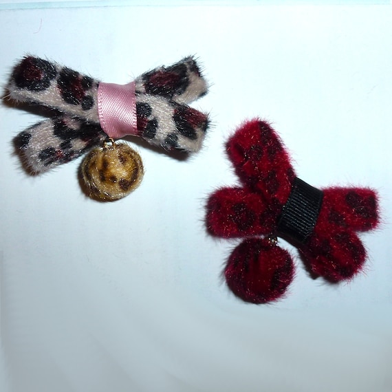 Posh Puppy Dog Bows ~ Fuzzy animal print criss cross fur balls pet hair bow topknot barrette clip (fb122)