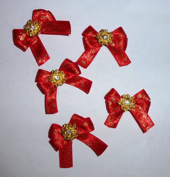 Puppy Bows ~5 red gold floral EVERYDAY BOWS Yorkie Maltese Shih Tzu ~Usa seller (fb81)