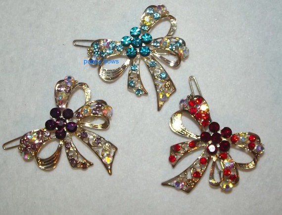 Puppy Bows ~ Rhinestone crystal red purple or blue double loop bowknot barrette ~ US Seller