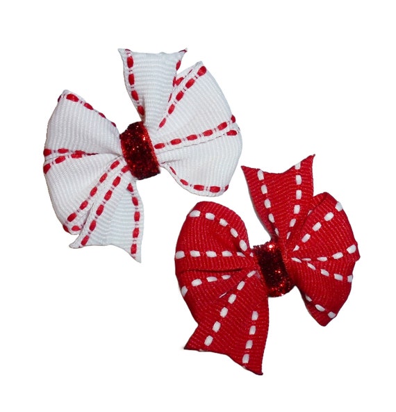 Dog Bow Barrettes red white saddle stripe 2pcs pet hair grooming bows (FB396f)