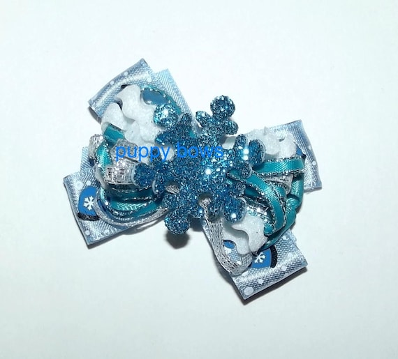 Puppy Bows ~ January snow bow blue teal glitter snowflake pet hair bow bands or barrette (fb61)