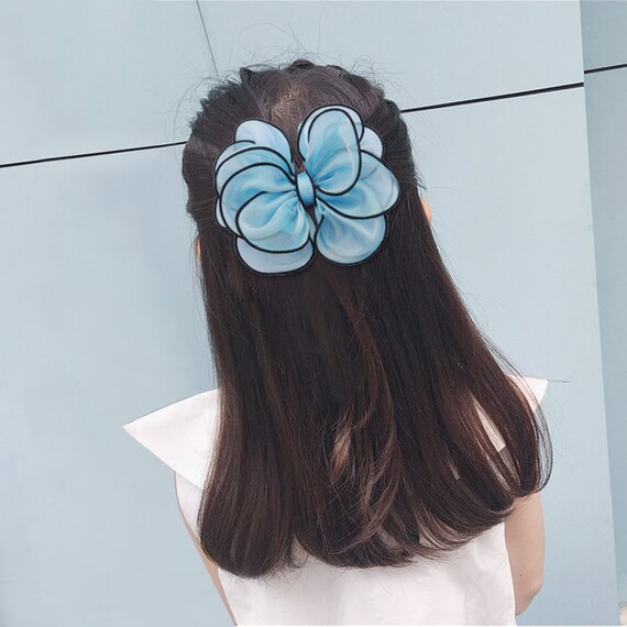Becky Bows ~ Barrette organza ribbon black piping Hand crafted big hair bow Women or Girls many colors