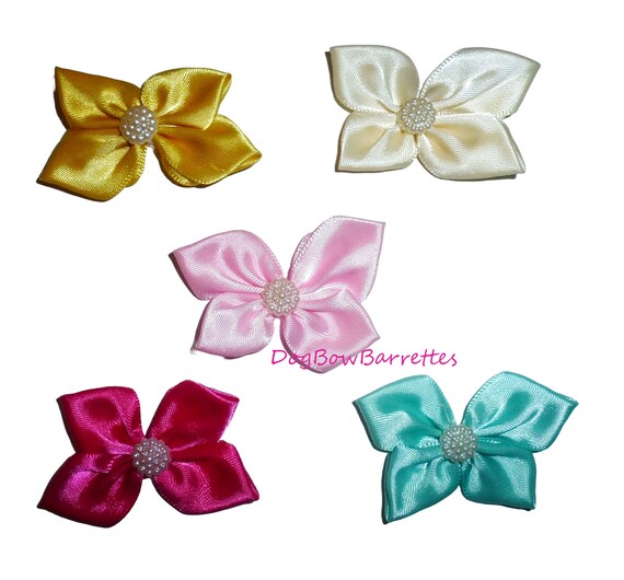 Dog Bow Barrettes small satin handsewn bow with pearl pet hair grooming bows (FB227G)
