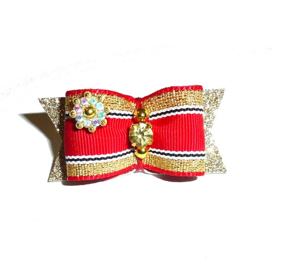 Puppy Dog Bows ~ Red/gold show with rhinestone center pet hair bow  barrettes  (fb5)