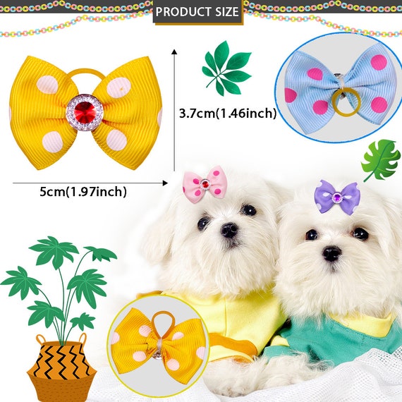 Puppy bows 20 grosgrain polka dots with jewel centers  everyday dog groomers grooming pet hair bows  latex bands (fb13)