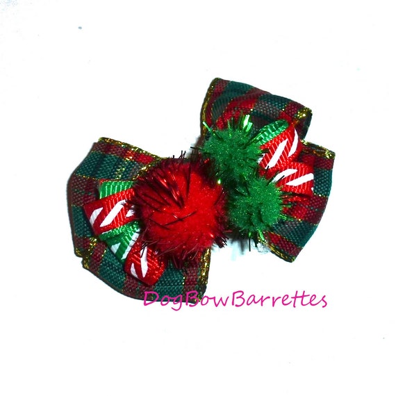 Puppy Bows ~  Christmas pom pom plaid green red latex bands or barrette   (fb78)