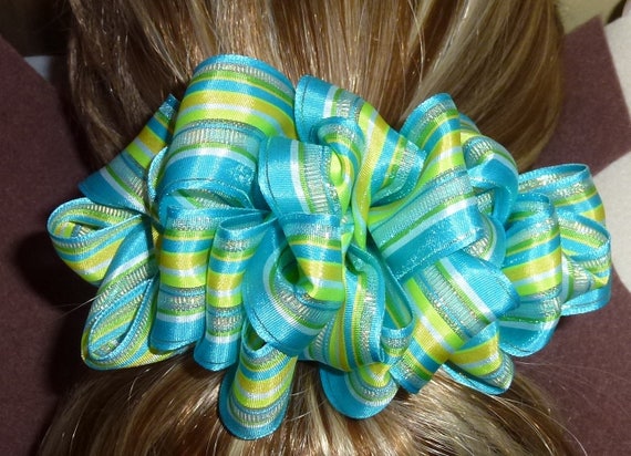 Becky Bows ~ Barrette ribbon Hand crafted oversized BIG hair bow Women or Girls spring lemongrass blue