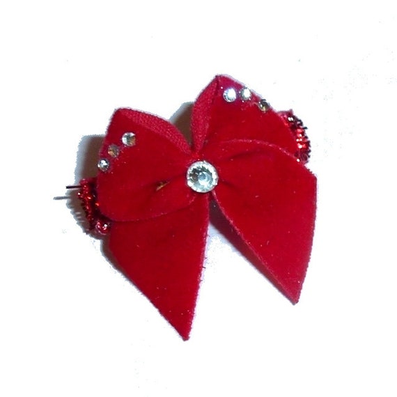 Super tiny rhinestone  red velvet bow on french barrette  clip pet hair dog bow (fb1AA)