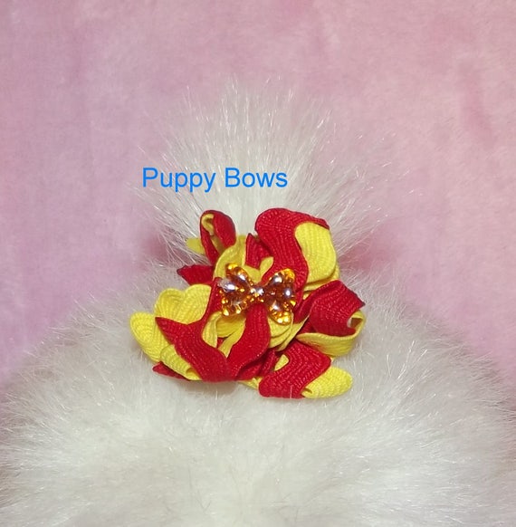 Puppy Bows ~ Red/Yellow or Blue bowknot center zig zag puffs dog bow pet hair clip or bands ~USA seller (fb3)