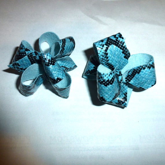 Puppy Bows ~blue snake pattern loopy puffs boys dog bow pet hair clip barrette or latex bands (fb137)