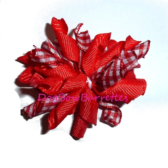 Puppy Bows red/white check tiny Korker loop  dog bow  pet hair clip barrette or latex bands corky curly corker (fb556)