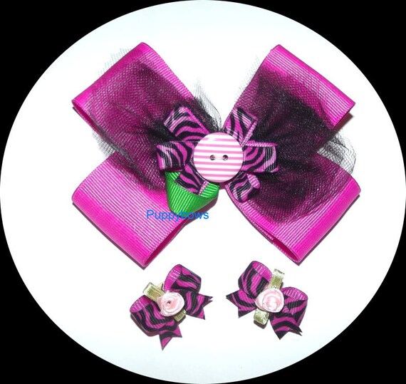 Puppy Bows ~ Extra large collar bow and matching topknot or ear dog grooming hair bow pink zebra ~ US seller