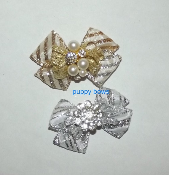 Puppy Bows ~ Boutique rhinestone silver or gold show pet hair bow latex bands or barrette (fb80)