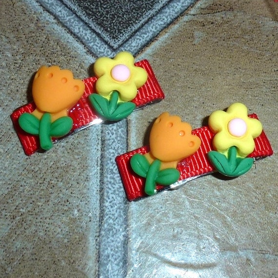 Yellow daisy orange tulip flower snap clip barrette pet hair dog bow (fb335A)