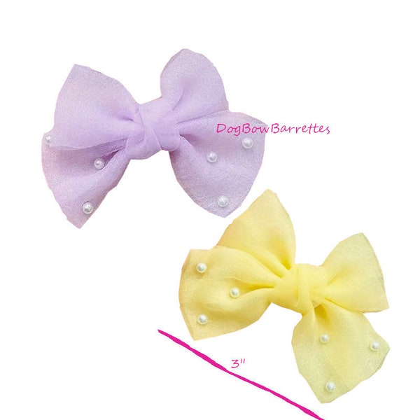 Puppy Bows ~ Purple or yellow chiffon and pearls dog pet hair bow bands or barrette (FB610)
