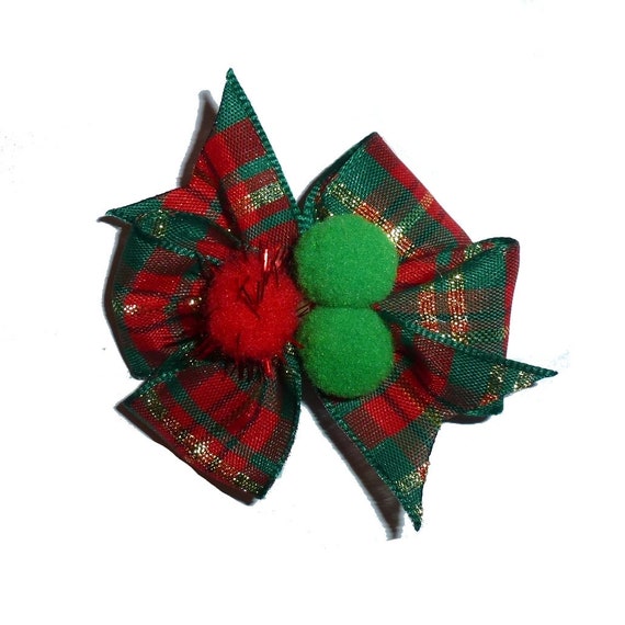 Puppy Bows ~ Christmas plaid pom poms windmill bow pet hair latex bands or clip dog Collar slide (fb78)