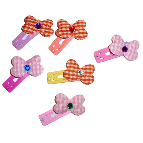 Dog Bow Barrettes tiny 6 girls gingham jewel snap clips for pet hair topknot (fb475B)