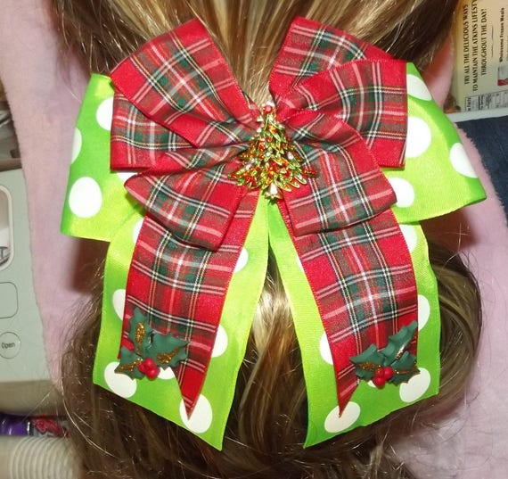 Becky Bows ~ Christmas RHINESTONE TREE center Barrette Hand crafted BIG hair clip bow ladies or girls red green plaid dots