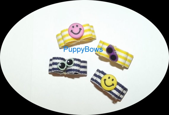 Puppy Bows ~HAPPY FACES summer sunglasses bead center hair bow clip Yorkie barrette dog grooming