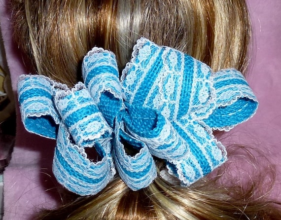 Becky Bows ~ Barrette scarf Hand crafted oversized BIG hair bow Women or Girls blue burlap with lace