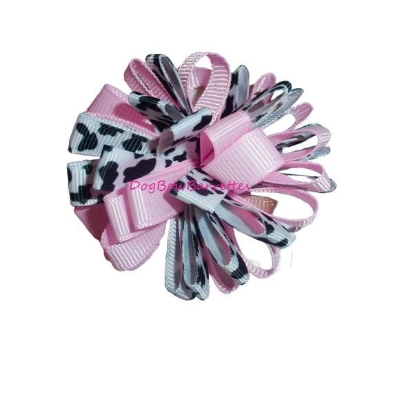 Puppy Bows ~ Pink cow print loopy flower ball pet hair bow latex bands or barrette