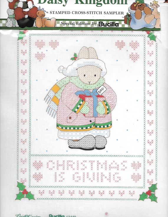 Puppy Bows ~ craft Buscilla Daisy Kingdom stamped cross stitch sampler 63449 Christmas is giving rabbit family