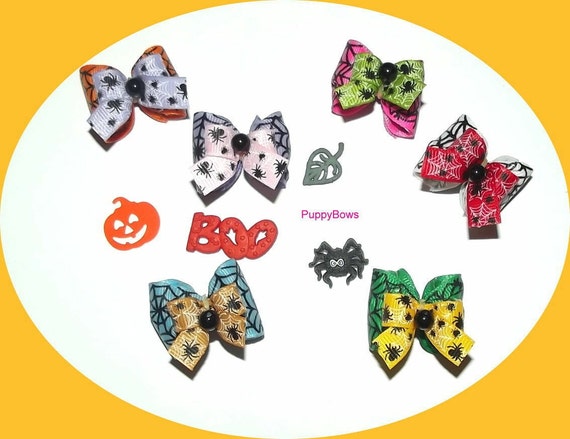 Puppy Bows ~Halloween SPIDER WEBS dog bow pair pet hair clip barrette or bands
