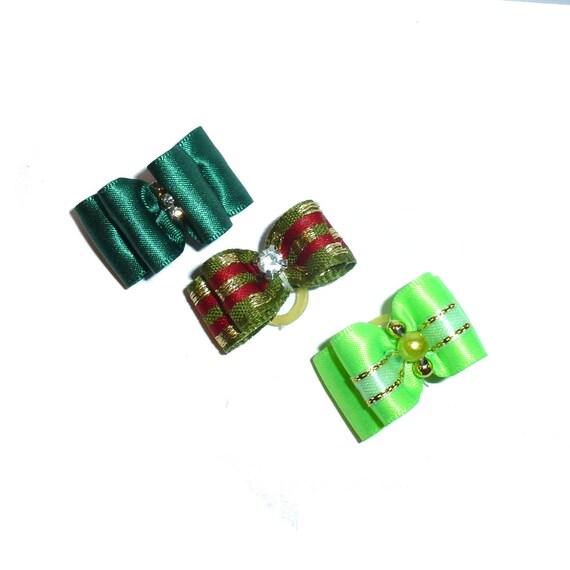 Dog hair small bows CLEARANCE pet grooming bow for boys green bands or barrette clip. (fb475)