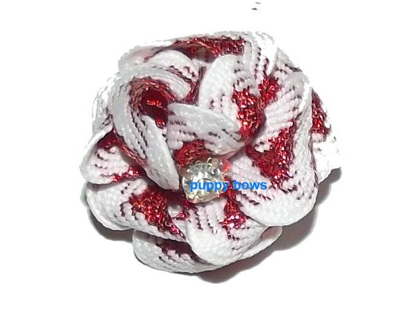 Puppy Bows ~ tiny RED/WHITE metallic pet hair puffs rhinestone center dog topknot (fb71)