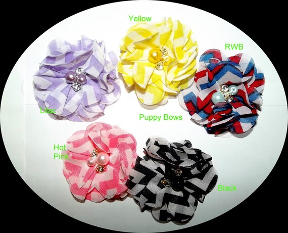 Puppy Dog Bows ~ Chiffon 14 color choices flowers boy or girl pet hair bow barrettes or bands (fb11)