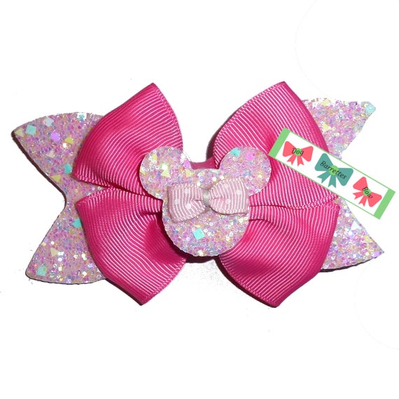 Puppy Bows ~ Pink Minnie head glitter dog hair bow barrette, collar slide accessory or latex bands (FB564)