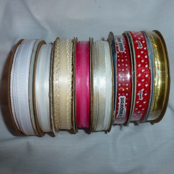 Puppy Bows ~craft supplies LOT 8 rolls assorted red white ivory 1/4" 3/8" ribbon (lot19)