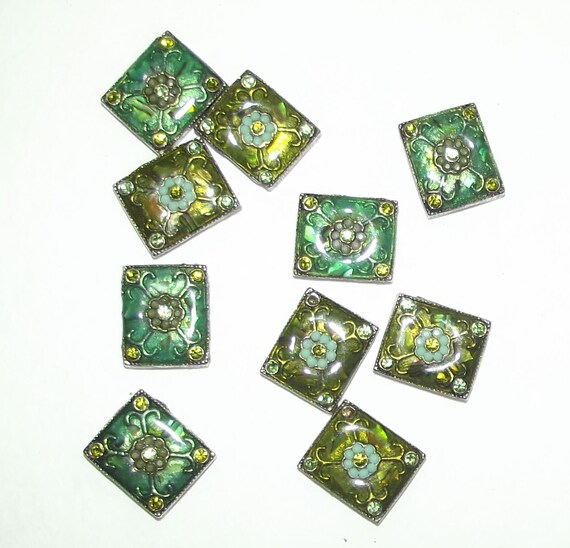 Craft supplies ~ 8 rectangle sew on green olive rhinestone beads 15mm x 20mm 4 holes enamel ~ US seller