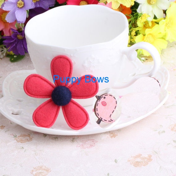 Puppy Bows ~ Girl OR Boy Sweet felt daisy dog bow clips Pink Green Navy Teal flower ~Usa seller