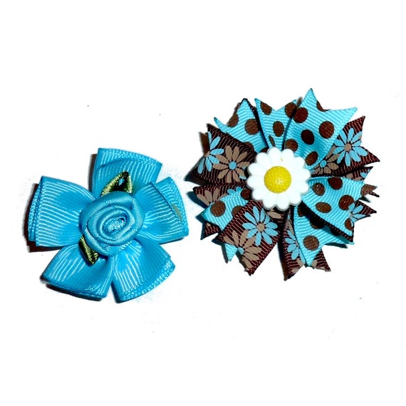 Puppy Bows ~ Chocolate/blue dots flower dog  pet hair bow  (fb416G)