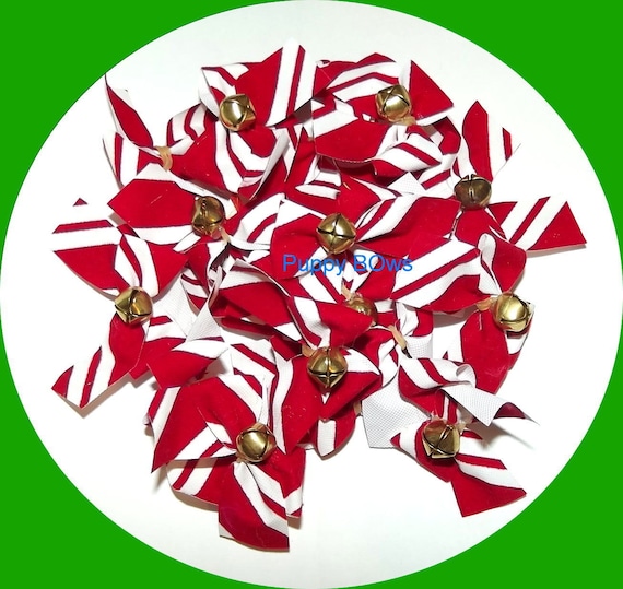 Puppy Bows ~ CHRISTMAS velvet candy cane stripe jingle bells dog bow (fb51)
